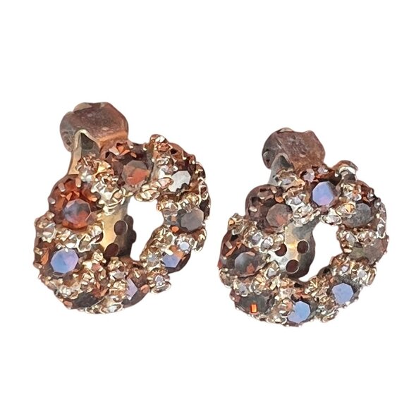 Weiss Rhinestone Clip-On Earrings Circular Gold Tone Amber Color & Clear VTG - Picture 6 of 8